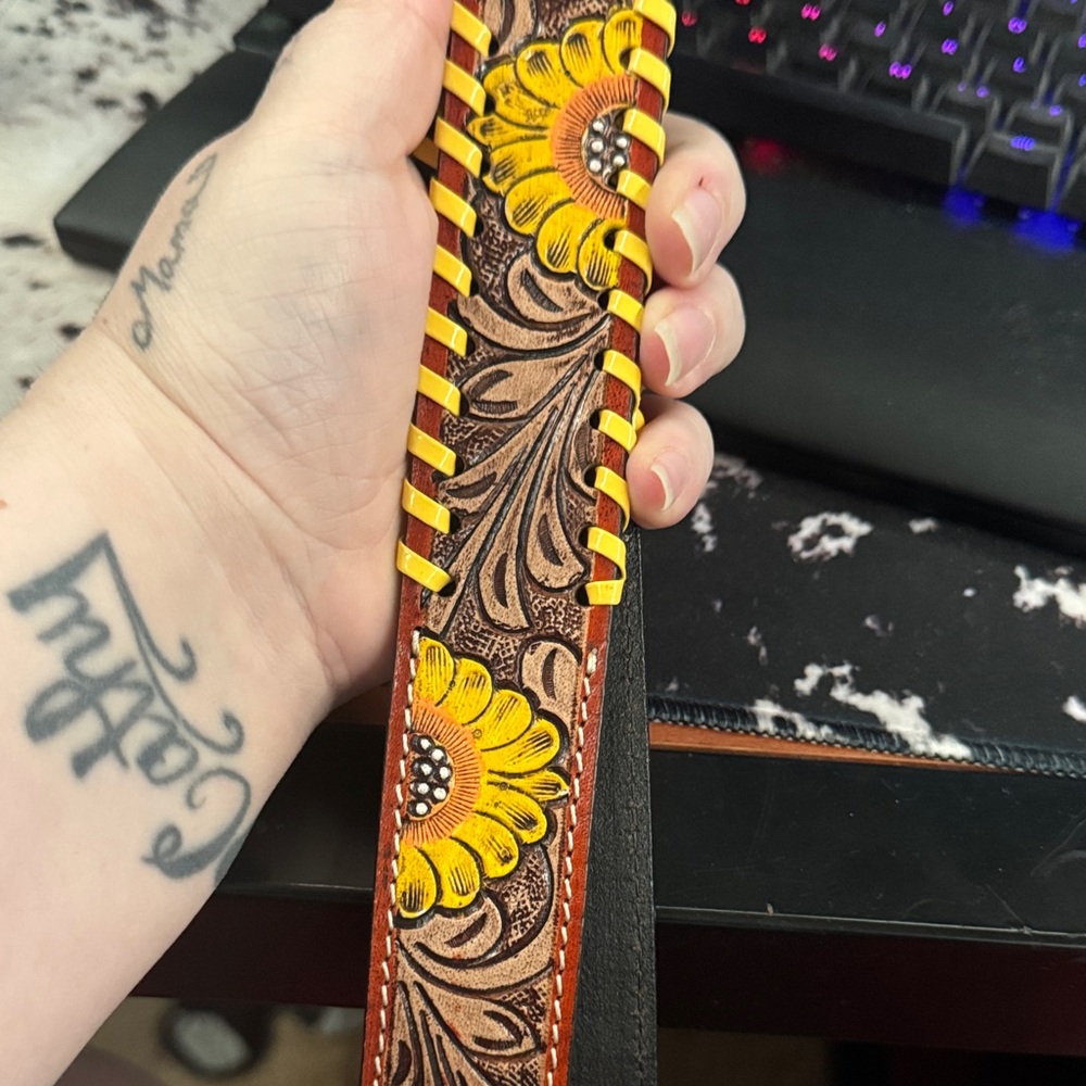 Myra Bag Yellow Sunflower Tooled Leather Crossbody Strap